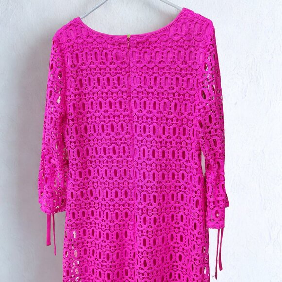 Hot Pink Crochet Lace Bell Sleeve Mini Dress - Picture 1 of 10